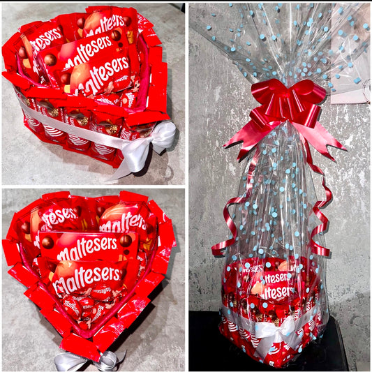 Chocolate Maltesers Bar Bag Heart Bouquet Gift Hamper valentines Day Birthday Him Her Anniversary Chocolates Bow 3D Fathers Day Dad Grandad