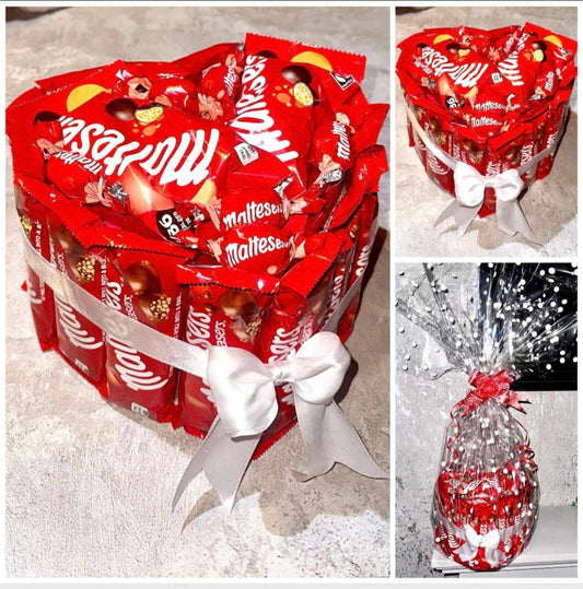 Chocolate Maltesers Bar Bag Heart Bouquet Gift Hamper valentines Day Birthday Him Her Anniversary Chocolates Bow 3D Fathers Day Dad Grandad