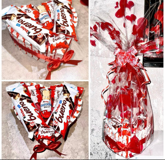 Chocolate Kinder Bueno Hippo Bar Heart Bouquet Gift Hamper valentines Day Birthday Him Her Anniversary Fathers Day Dad Grandad 3D